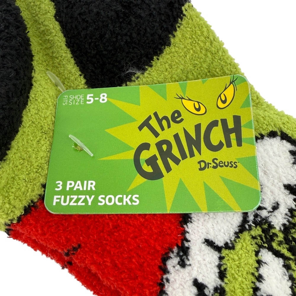The Grinch Dr Seuss Fuzzy Socks Womens Size 9-11 3 Pair Pack Holiday Gift NWT - Picture 3 of 5